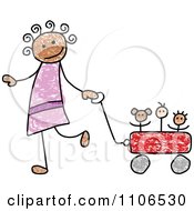 Poster, Art Print Of Stick Drawing Of A Happy Black Girl Pulling Her Toys In A Wagon
