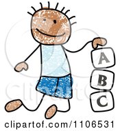 Stick Drawing Of A Black Boy Playing With Letter Alphabet Blocks