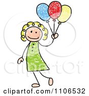 Poster, Art Print Of Stick Drawing Of A Happy White Girl With Party Balloons