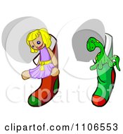Clipart Doll And Dinosaur In Christmas Stockings Royalty Free Vector Illustration