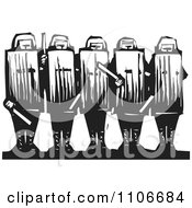 Clipart Row Of Police Officers In Protective Gear Black And White Woodcut Royalty Free Vector Illustration by xunantunich #COLLC1106684-0119