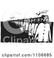 People Waiting In A Long Line Black And White Woodcut