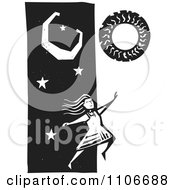 Clipart Woman Leaping From Night To Day Black And White Woodcut Royalty Free Vector Illustration by xunantunich