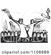 Security Guards In A Row Behind People Partying With Alcohol Black And White Woodcut