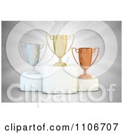 3d Gold Silver And Bronze Placement Trophy Cups On Pedestals Over Rays
