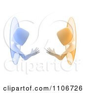 Clipart 3d Blue And Orange People Waving Through Teleportation Portals Royalty Free CGI Illustration