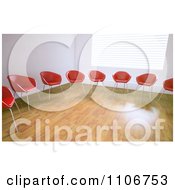 Poster, Art Print Of 3d Red And Orange Chairs In A Circle In An Empty Room