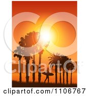 Poster, Art Print Of Lone Silhouetted Surfer Walking Under Palm Trees Against An Orange Tropical Sunset