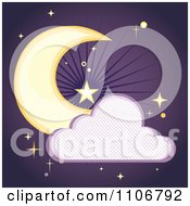 Poster, Art Print Of Crescent Moon And Cloud With A Line Pattern Over Purple With Stars