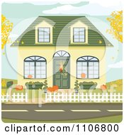 Clipart Cute Home Decorated For Autumn With Leaves Falling Into The Yard Royalty Free Vector Illustration