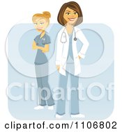 Poster, Art Print Of Happy Female Doctors Posing Over A Blue Square