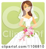 Poster, Art Print Of Happy Brunette Bride Holding A Pink Bouquet Over A Green Square