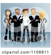 Clipart Diverse Business Team Of Men And Women Standing In V Formation Over Blue Royalty Free Vector Illustration by Amanda Kate #COLLC1106811-0177