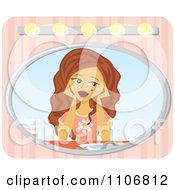 Poster, Art Print Of Shocked Girl Seeing A Blemish On Her Skin In The Mirror Over Pink Stripes