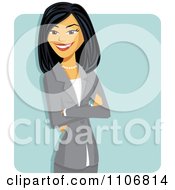 Poster, Art Print Of Happy Professional Asian Business Woman With Folded Arms Over A Blue Square