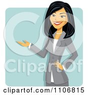 Clipart Happy Presenting Professional Asian Business Woman Over A Blue Square Royalty Free Vector Illustration by Amanda Kate