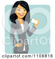 Poster, Art Print Of Happy Professional Asian Businesswoman Holding A Business Card Over A Blue Square