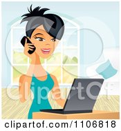 Poster, Art Print Of Happy Asian Business Woman Talking On A Cell Phone And Using A Laptop Computer