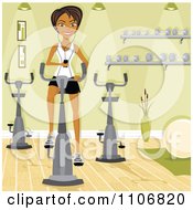 Clipart Happy Hispanic Woman Using Her Mp3 Player While Using A Spin Bike At The Gym Royalty Free Vector Illustration by Amanda Kate