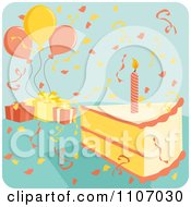 Poster, Art Print Of Candle In A Birthday Cake Slice With Confetti Balloons And Gifts On Blue