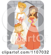 Happy Bride Posing With Her Bridesmaid And Flower Girl