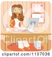 Clipart Happy Bride Wearing Her Veil And Pajamas And Shopping Online Royalty Free Vector Illustration