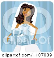 Poster, Art Print Of Happy Hispanic Bride Carrying Gifts Over Blue Stripes