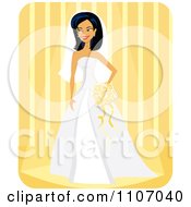 Poster, Art Print Of Happy Bride With Her Veil And Bouquet Over Yellow Stripes