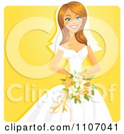 Poster, Art Print Of Happy Bride Holding Her Bouquet Over Yellow
