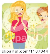 Poster, Art Print Of Friends Throwing A Pregnant Woman A Surprise Baby Shower Over Green