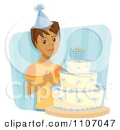 Poster, Art Print Of Happy Hispanic Birthday Boy Making A Wish Before Blowing Out His Birthday Cake Candles Over Blue Stripes