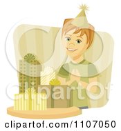 Clipart Excited Birthday Boy By His Presents Over Green Stripes Royalty Free Vector Illustration