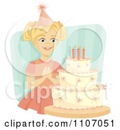 Poster, Art Print Of Happy Birthday Girl Making A Wish Before Blowing Out Her Birthday Cake Candles Over Blue Stripes
