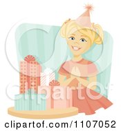 Poster, Art Print Of Excited Birthday Girl By Her Presents Over Blue Stripes