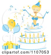 Clipart Sexy Blond Woman Popping Out Of A Birthday Cake Royalty Free Vector Illustration