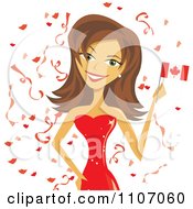 Happy Brunette Woman Holding A Canada Flag And Surrounded By Confetti