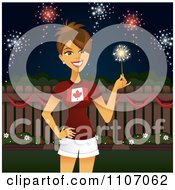 Brunette Woman Holding A Sparkler And Celebrating Canada Day