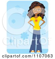 Poster, Art Print Of Happy Black Teenage Girl Wearing Bell Bottoms Over Blue Floral