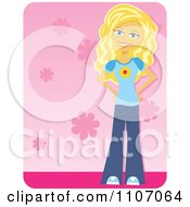 Clipart Happy Blond Teenage Girl Over Pink Floral Royalty Free Vector Illustration