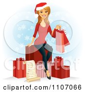 Poster, Art Print Of Happy Caucasian Woman With A Christmas Shopping List Bags And Gifts Over Snowflakes