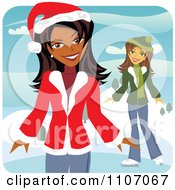 Poster, Art Print Of Two Happy Christmas Women Ice Skating In The Winter