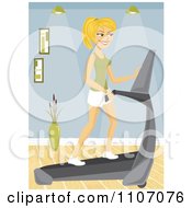 Poster, Art Print Of Happy Blond Woman Using A Treadmill In Her Home Gym