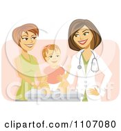 Poster, Art Print Of Happy Female Pediatric Doctor With A Baby Girl And Mom Over Pink