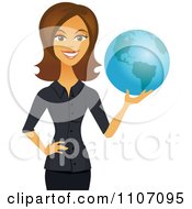 Poster, Art Print Of Happy Brunette Businesswoman Holding A Globe