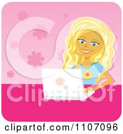 Poster, Art Print Of Happy Blond Teenage Girl Using A Laptop Over Pink Floral