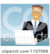 Poster, Art Print Of Happy Caucasian Businessman Using A Laptop Over Blue