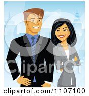 Clipart Happy Business Couple Posing With A City Background Royalty Free Vector Illustration