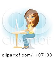 Poster, Art Print Of Happy Brunette Woman Blogging At Her Computer Desk Over Blue