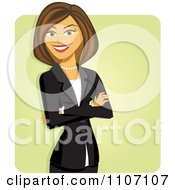 Poster, Art Print Of Happy Brunette Businesswoman With Folded Arms Over Green