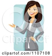 Poster, Art Print Of Happy Brunette Businesswoman In A Gray Suit Presenting Over A Blue Rectangle